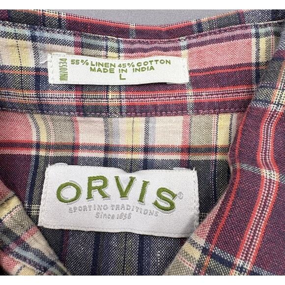 Orvis Linen Blend Button Up Shirt Mens Large Plaid Roll Up Long Sleeves Fishing - Picture 4 of 7